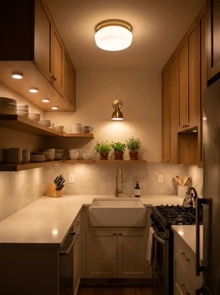 Cohesive warm white kitchen lighting across multiple fixtures