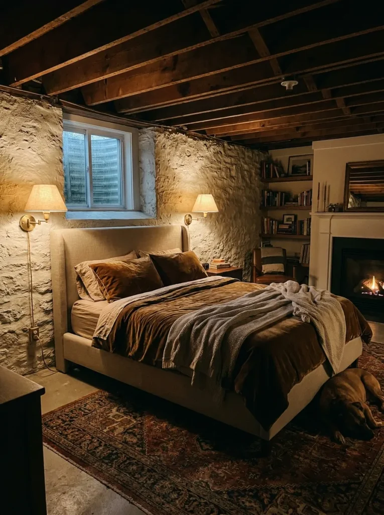 Warm brass plug-in wall sconces illuminating a basement bedroom
