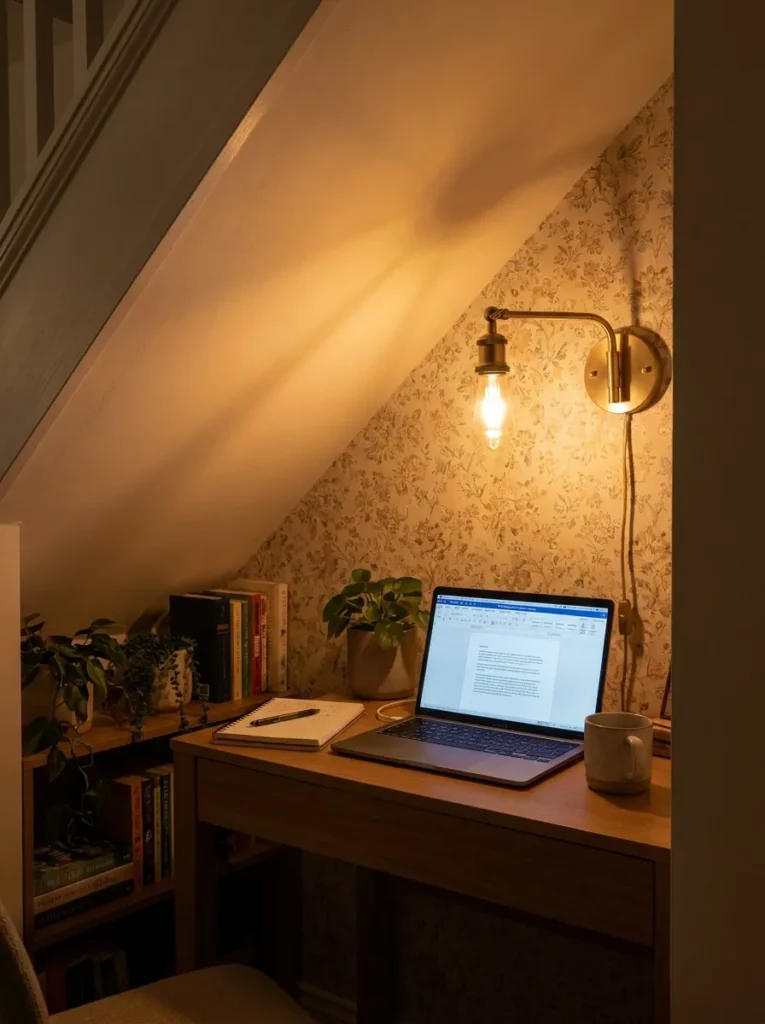 Brass plug in wall sconce illuminating a small under stairs desk