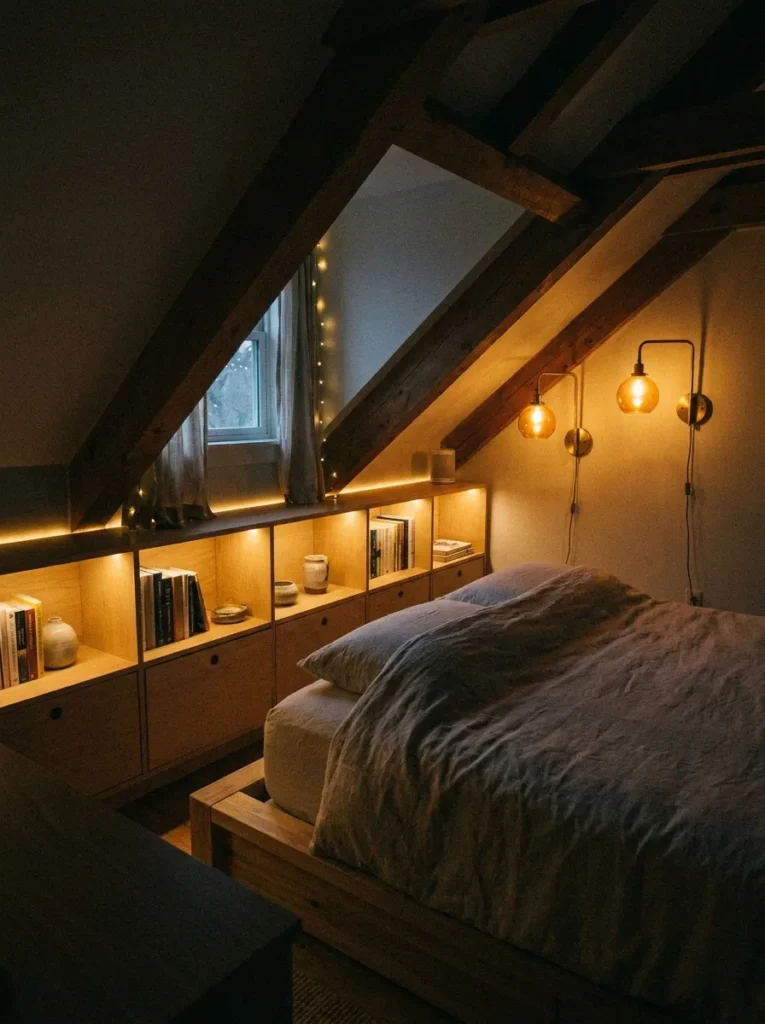 Plug in wall sconces and ambient LED lighting in a dark attic
