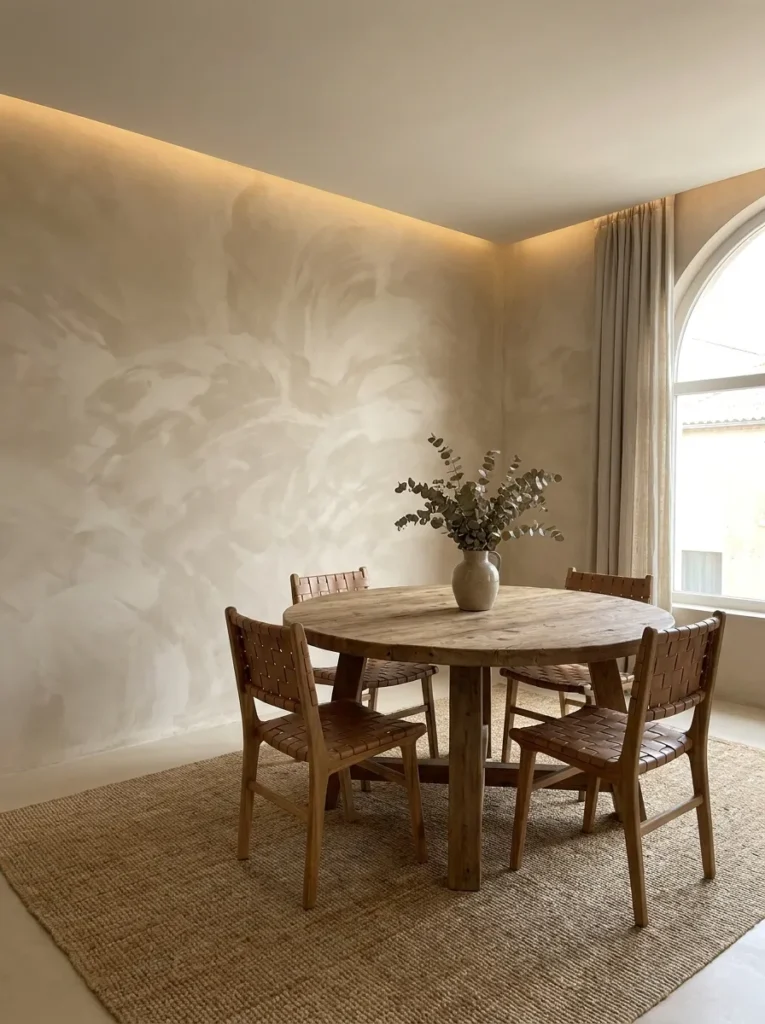 Warm beige textured limewash walls in a minimalist dining room