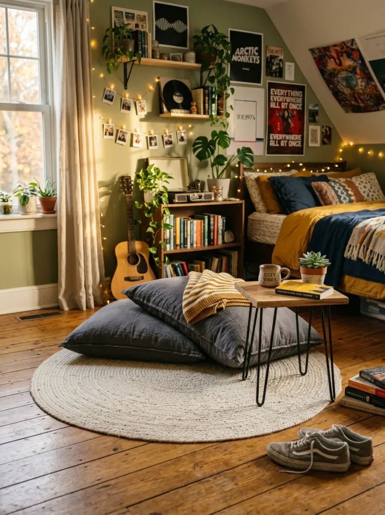 Charcoal gray linen floor cushions resting on a woven cream rug