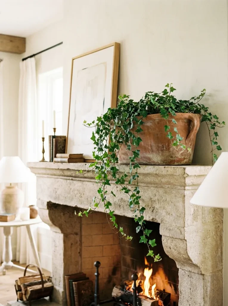 : Living room floral styling before and after with cascading ivy on a mantel