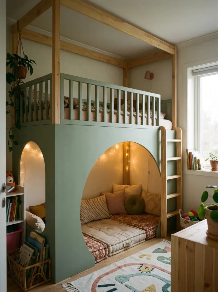 Custom sage green archway facade enclosing a magical kids reading nook under a loft bed