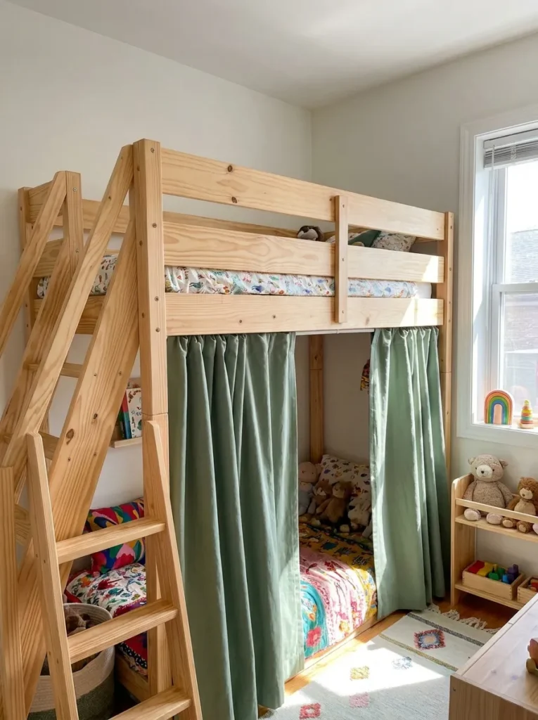 Closed sage green canvas curtain panels hiding the storage area under a kids loft bed