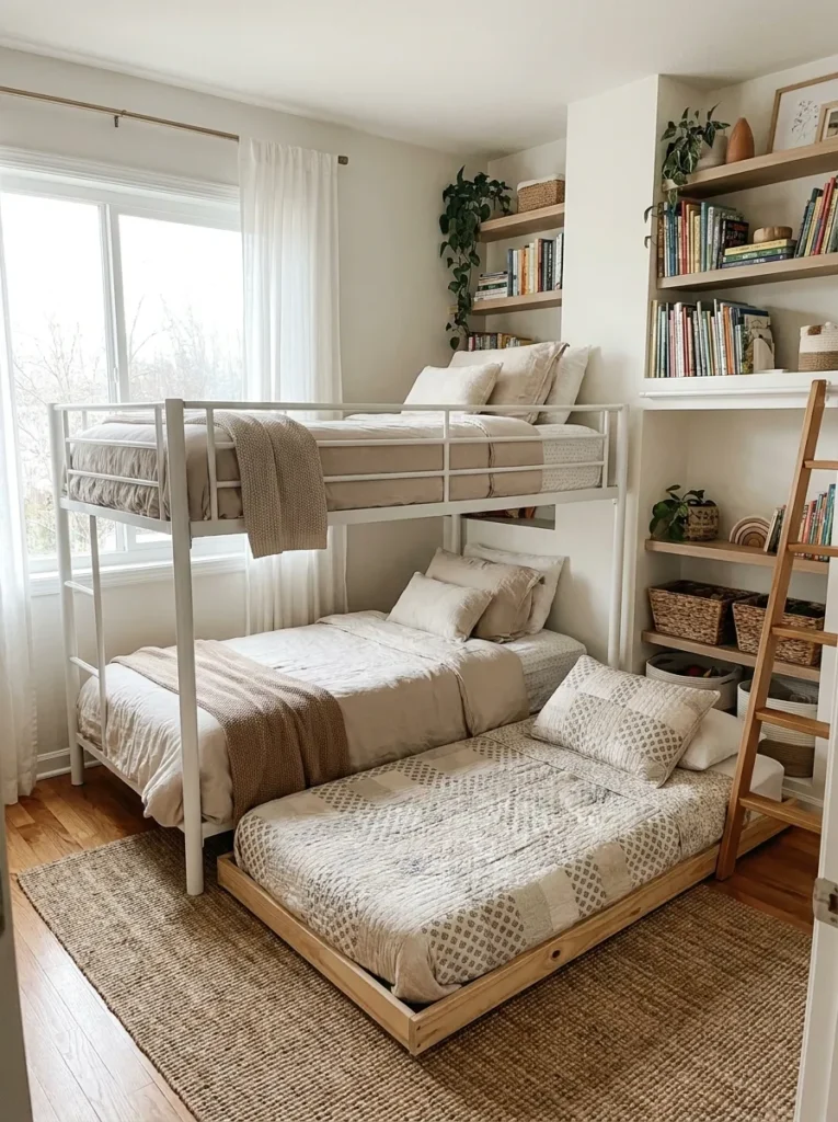 Perpendicular L-shape twin loft bed arrangement maximizing floor space in a shared room