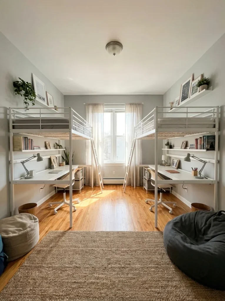 Symmetrical shared small bedroom featuring two parallel white loft beds maximizing space