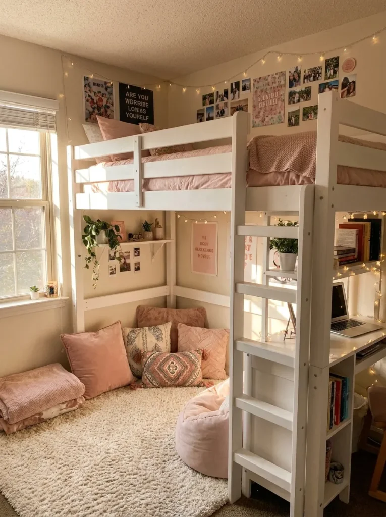 Modern white teen girls loft bed with a soft blush pink reading wall backdrop