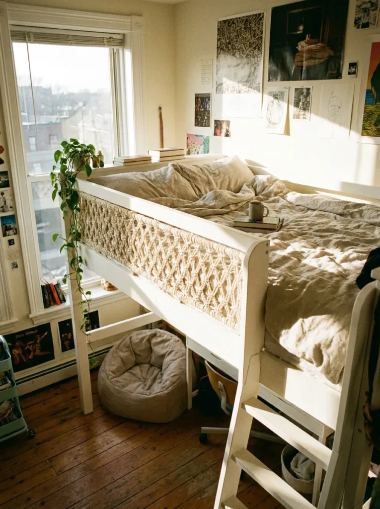 Custom cream macramé rope safety netting installed as a guardrail on a white loft bed