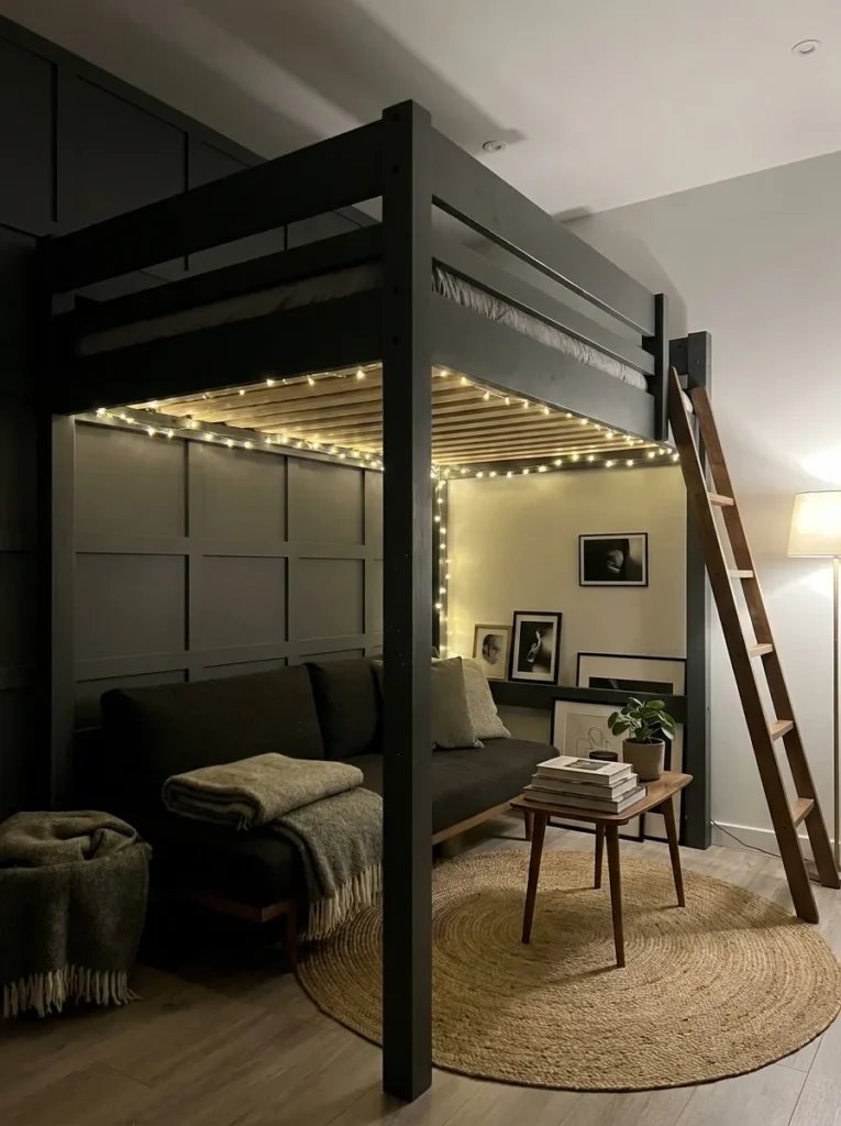 Matte charcoal adult loft bed frame with a cozy minimalist reading nook tucked underneath