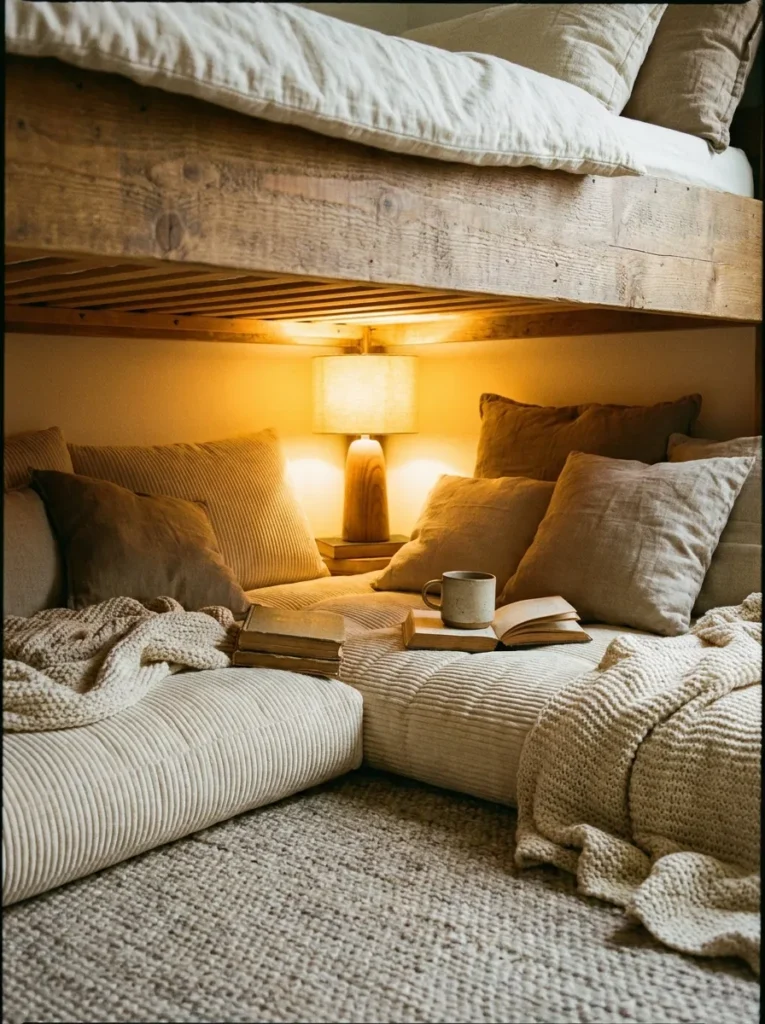 Deep plush corduroy floor nest and cushions creating a cozy under-bed reading corner