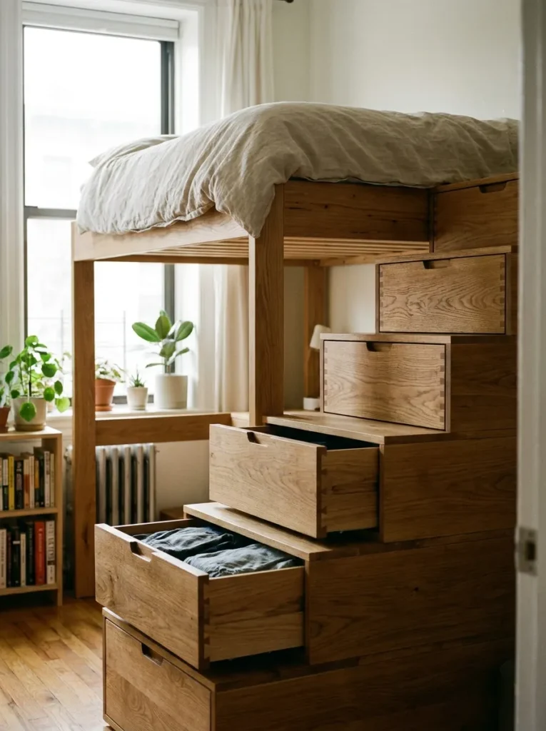 Wooden loft bed staircase where each individual step functions as a built-in storage drawer