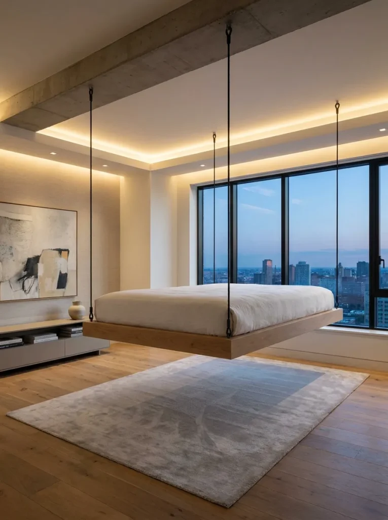 Floating loft bed platform suspended cleanly from ceiling beams using industrial steel cables