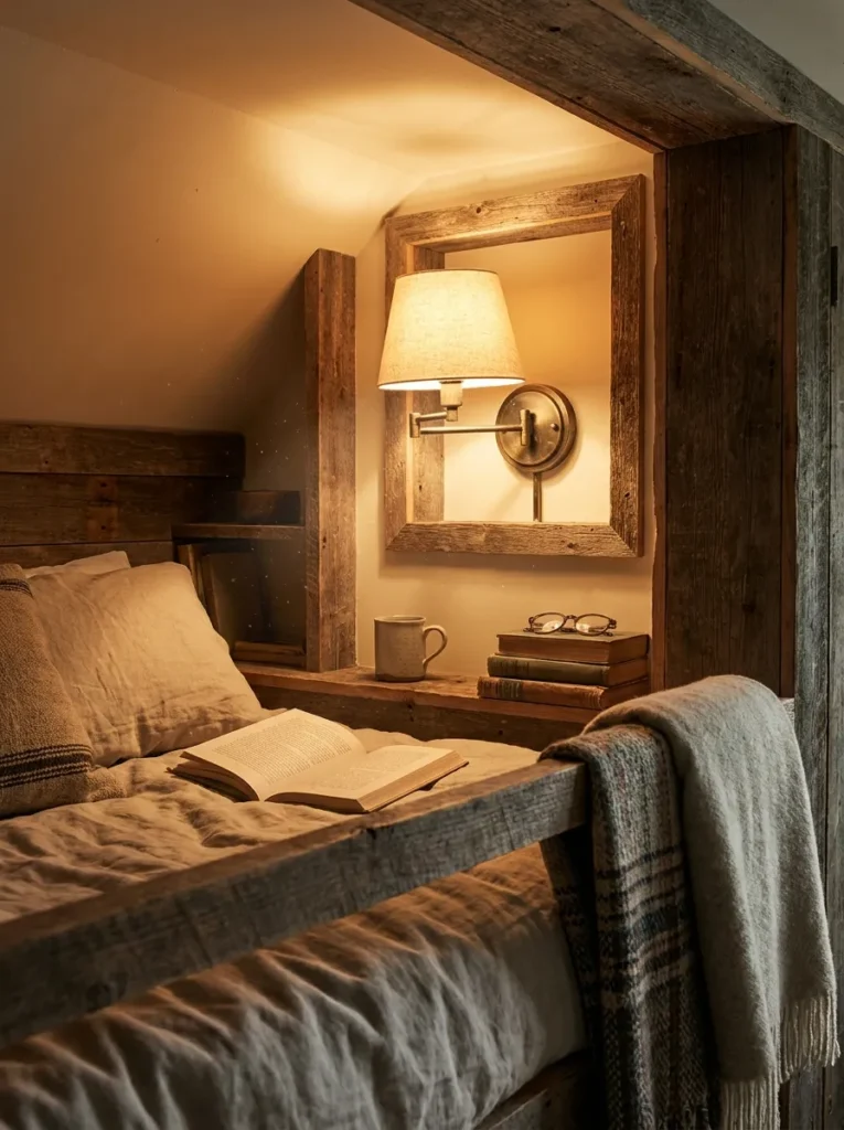 Antiqued brass swing-arm wall sconce providing focused task lighting inside a loft nook