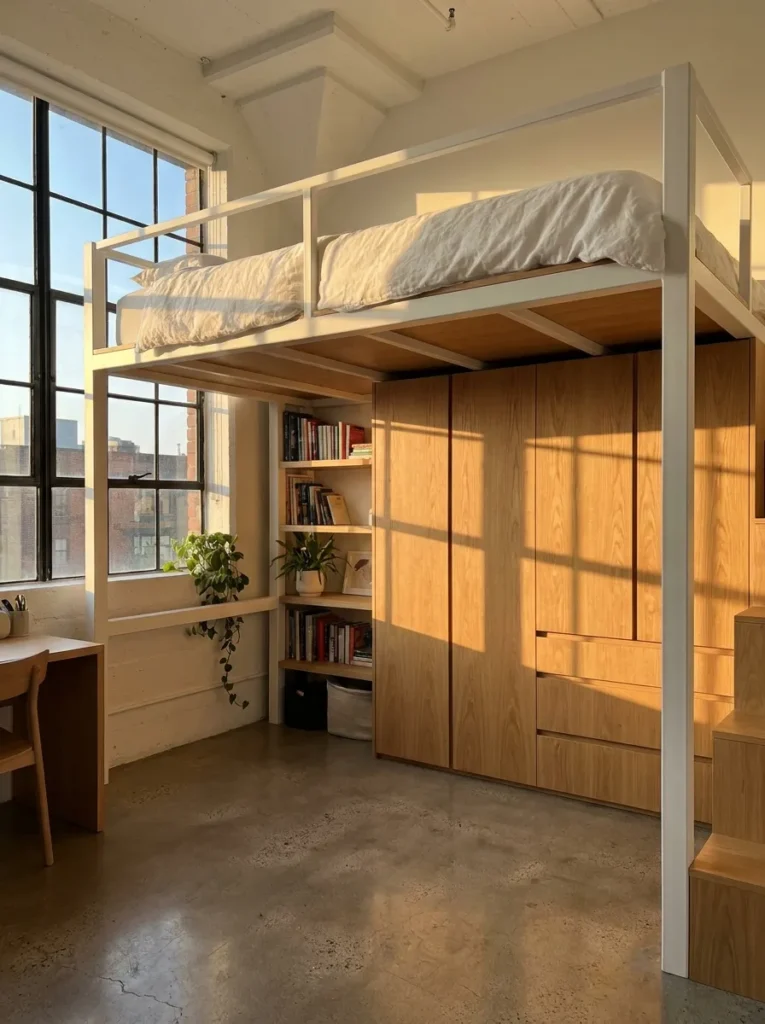 Flush oak wood wardrobe cabinets built directly under a white modern loft bed frame