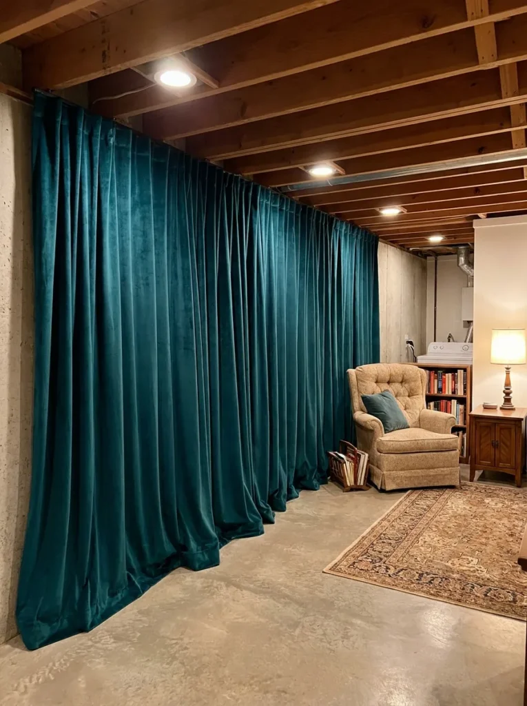 Floor to ceiling curtains masking a small window in a low ceiling basement