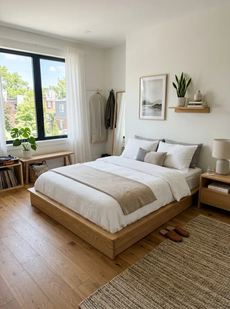 Low profile natural oak platform bed frame on a hardwood floor