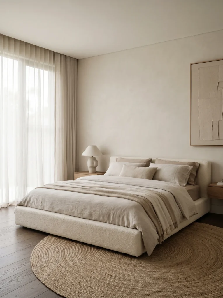 Low profile cream linen platform bed anchoring a minimalist bedroom