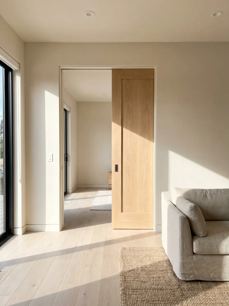 Integrated oak wood pocket door sliding flush into a drywall cavity