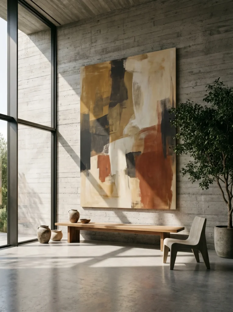 Singular large scale abstract canvas art mounted on a bare wall