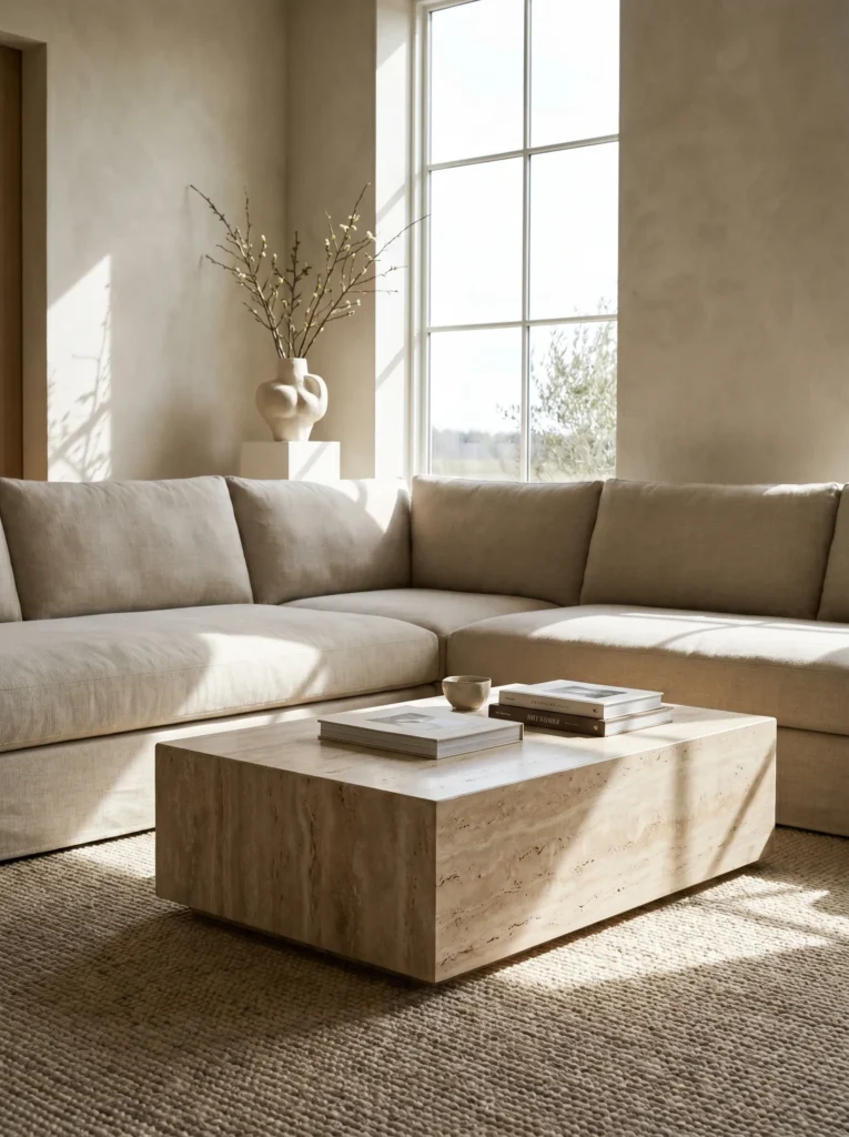 Low rectangular honed travertine block coffee table on a wool rug