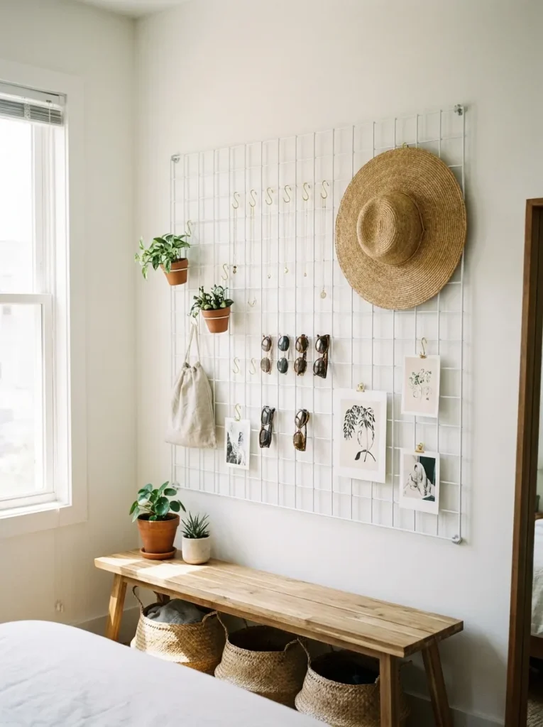 White metal wall grid displaying jewelry and sunglasses