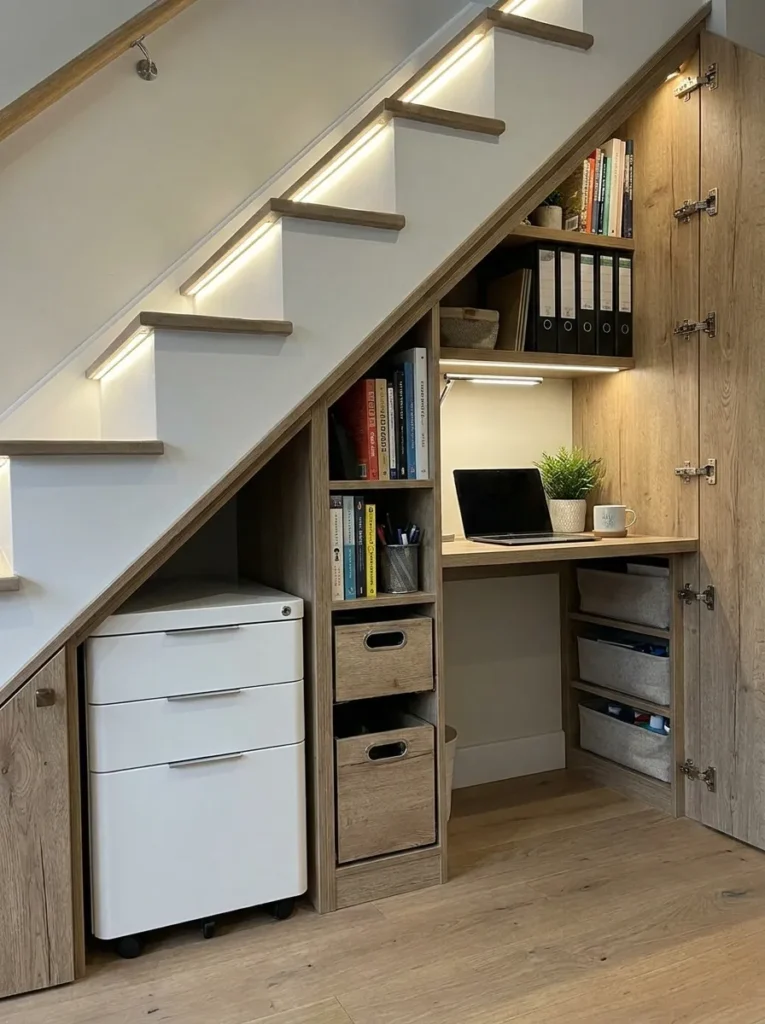 Sleek white rolling filing cabinet tucked under the lowest slope of a staircase