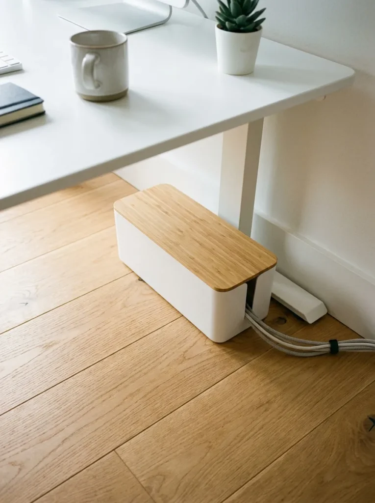 White cord management box with a bamboo lid ensuring a minimal clutter free workspace