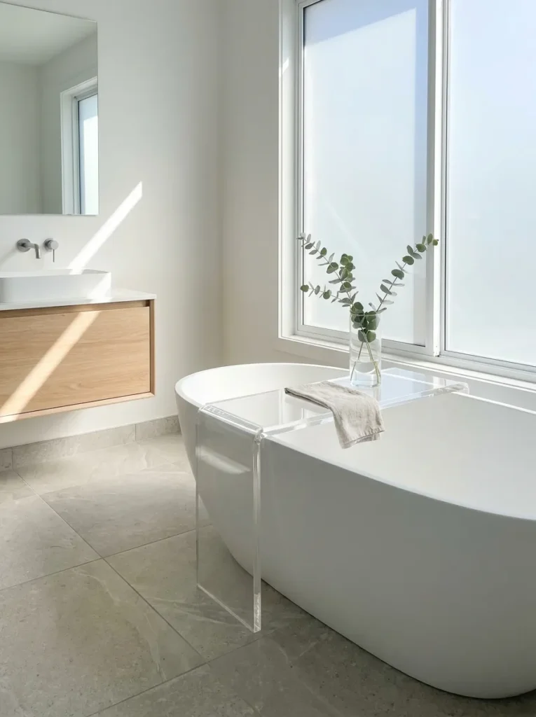 Clear minimalist acrylic bath caddy resting across a modern white tub