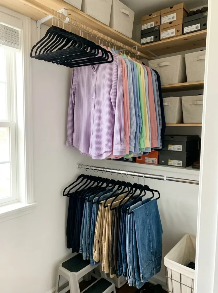 Double hang closet rod system with slim velvet hangers