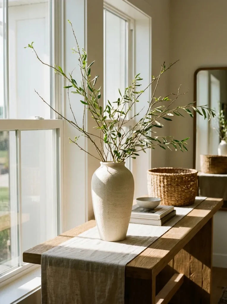 Minimalist green branch arrangement in a tall cream ceramic vase