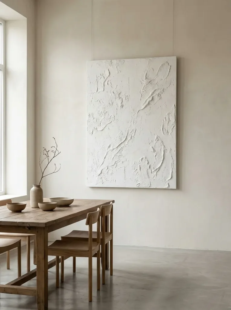 Oversized textured white plaster canvas art in a minimal dining room