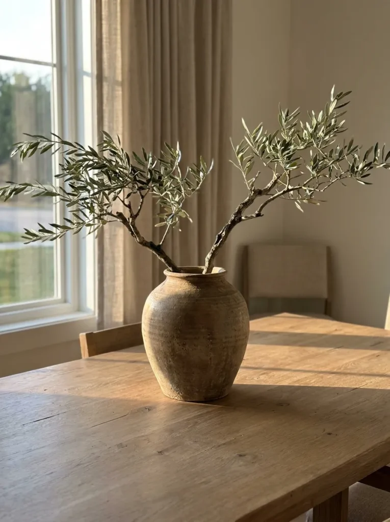 Oversized ceramic vase with olive branches on a minimal dining table