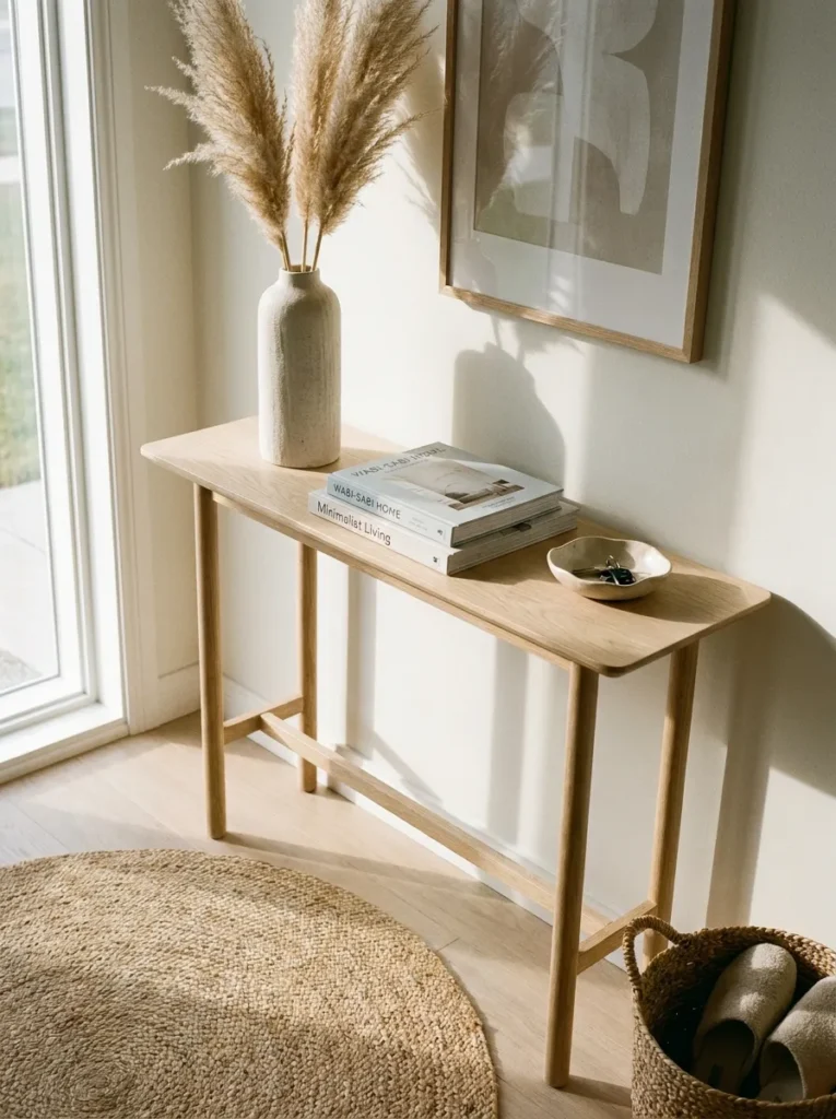 Asymmetrical styling of a vase, books, and a dish on a minimalist console
