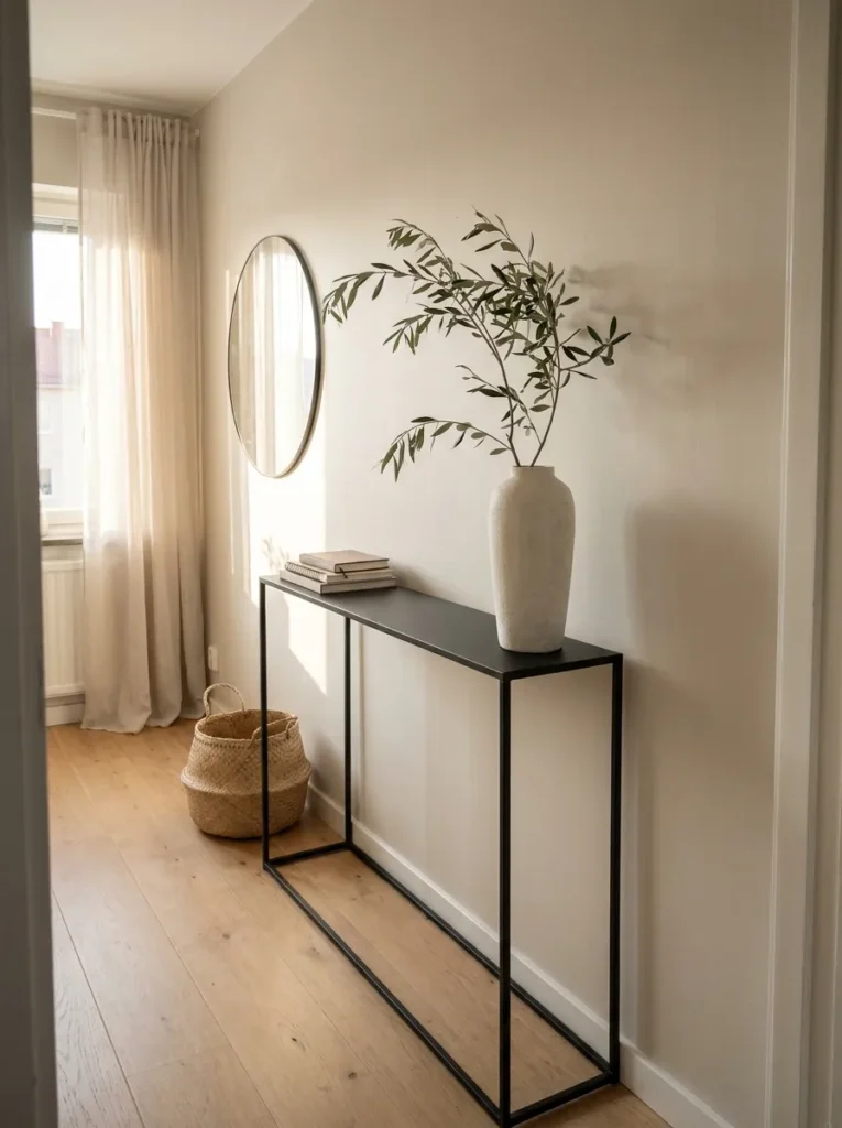 Single tall green branch in a slender vase sitting on a narrow black console table