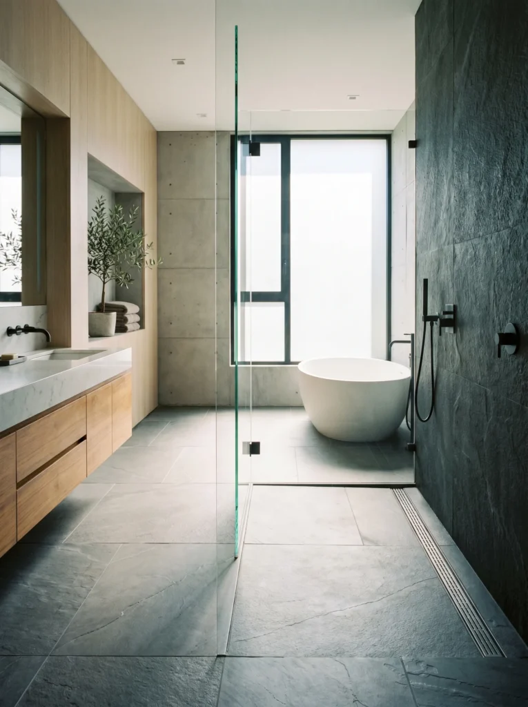 Curbless walk in shower featuring a linear tile in infinity drain