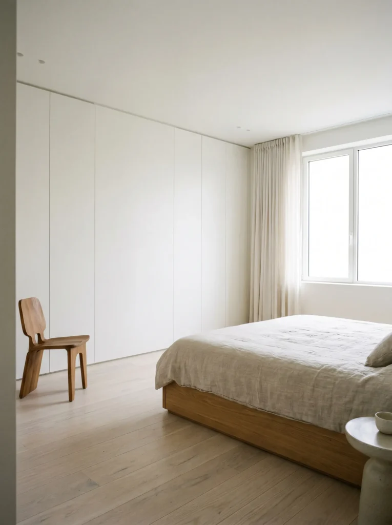 Full height handle less white wardrobes in a luxury minimalist bedroom