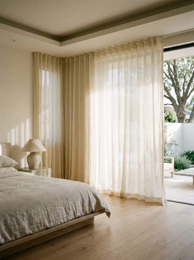 Floor to ceiling sheer cream linen curtains filtering natural morning light