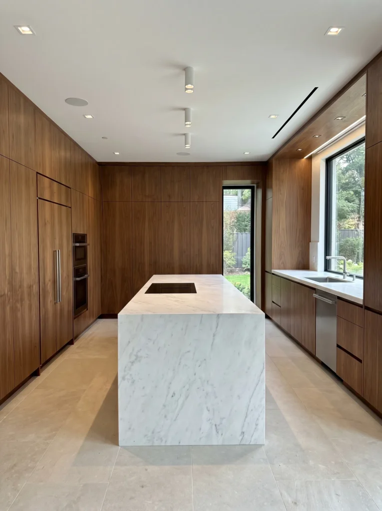 Integrated handle-less walnut paneling hiding appliances in a luxury kitchen