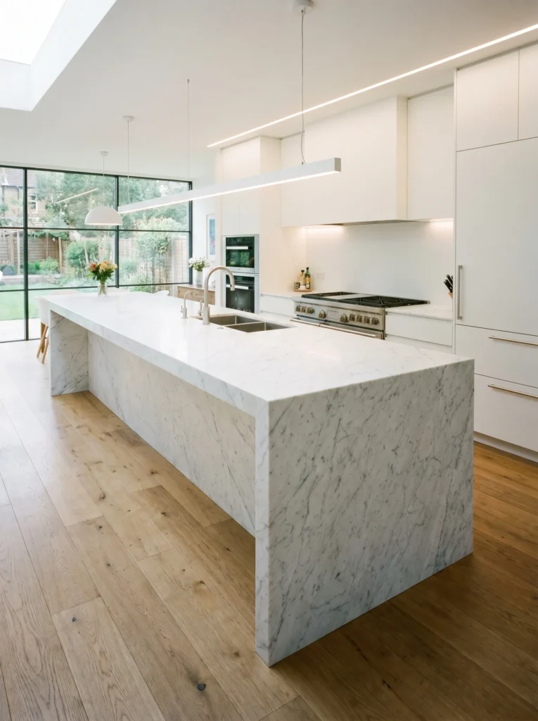White marble waterfall island in a minimalist luxury kitchen layout