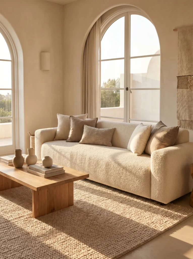 Monochromatic cream bouclé sofa and woven wool rug styling