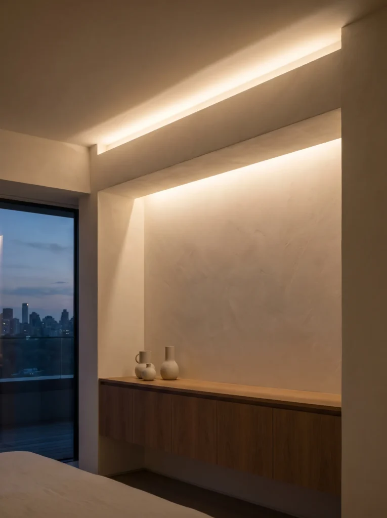 Concealed plaster-in ceiling cove lighting washing a minimalist wall