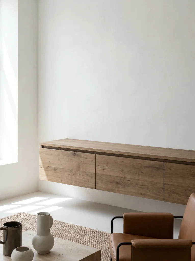 Floating oak media console mounted to a white living room wall