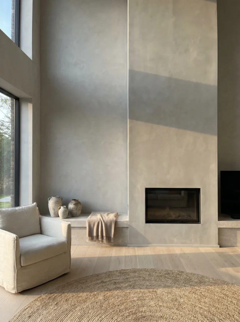 Seamless matte gray micro cement fireplace surround with no mantel