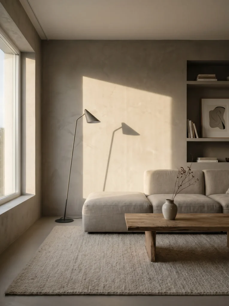 Soft warm gray Roman clay wall finish in a minimalist living room