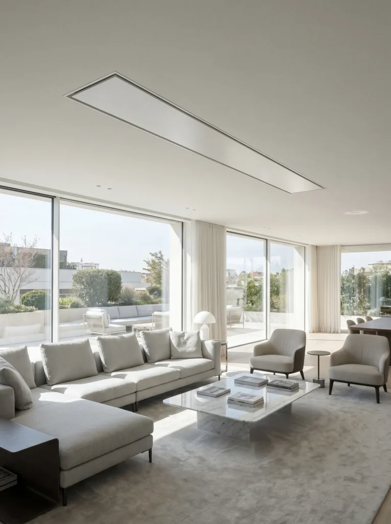 Recessed ceiling projection screen pocket in a minimalist living room