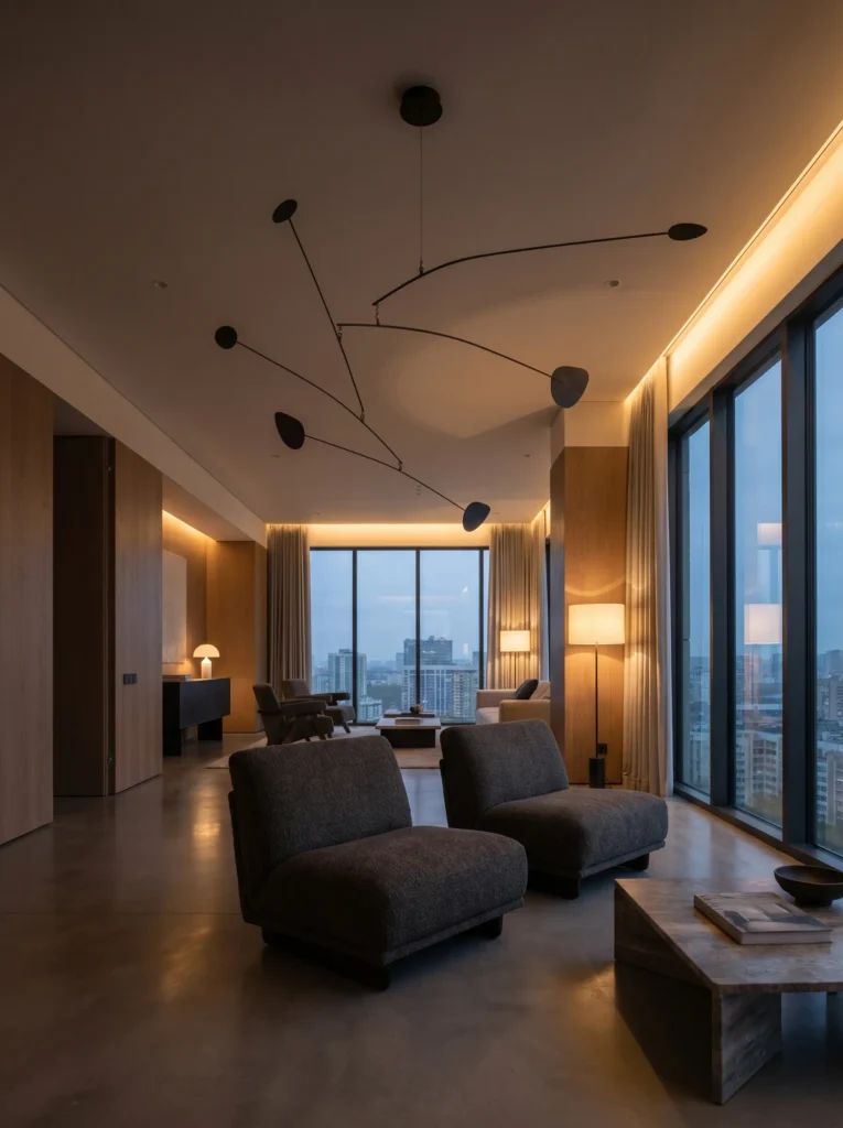 Sculptural black metal mobile pendant light over a minimalist lounge