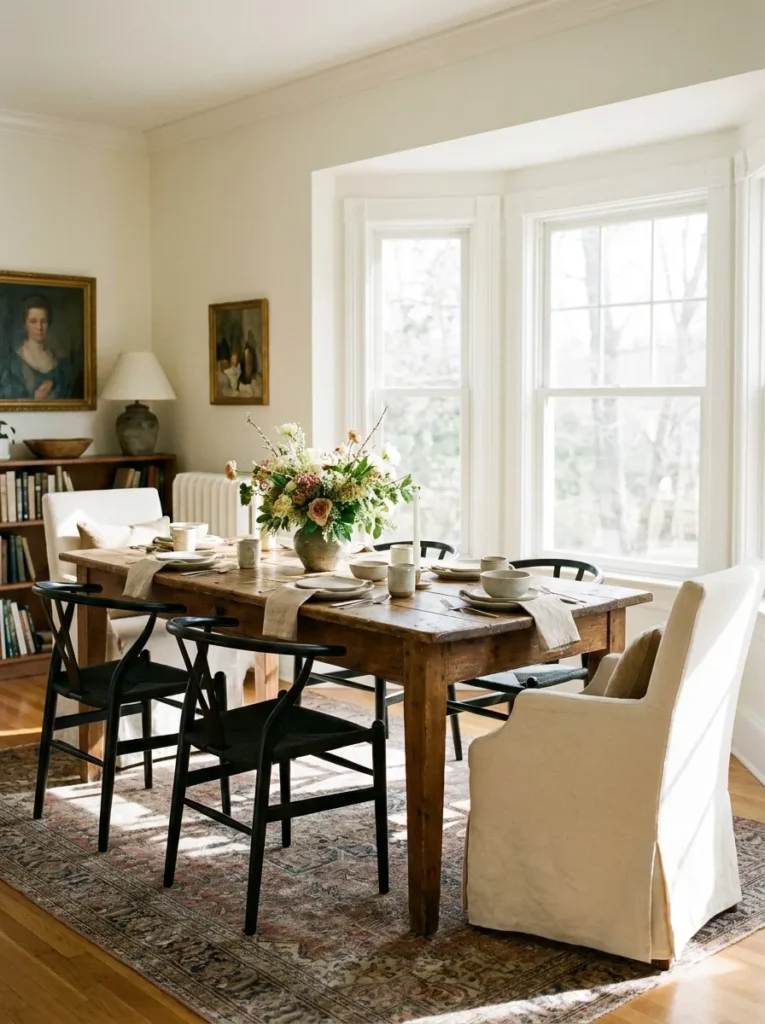 Mix and match dining chairs around an antique wooden dining table