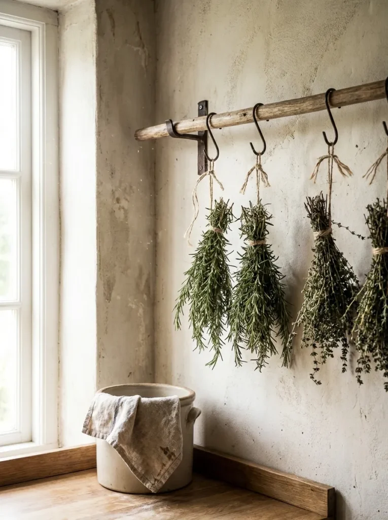 Dried herb bundles hanging upside down from a wooden wall rod