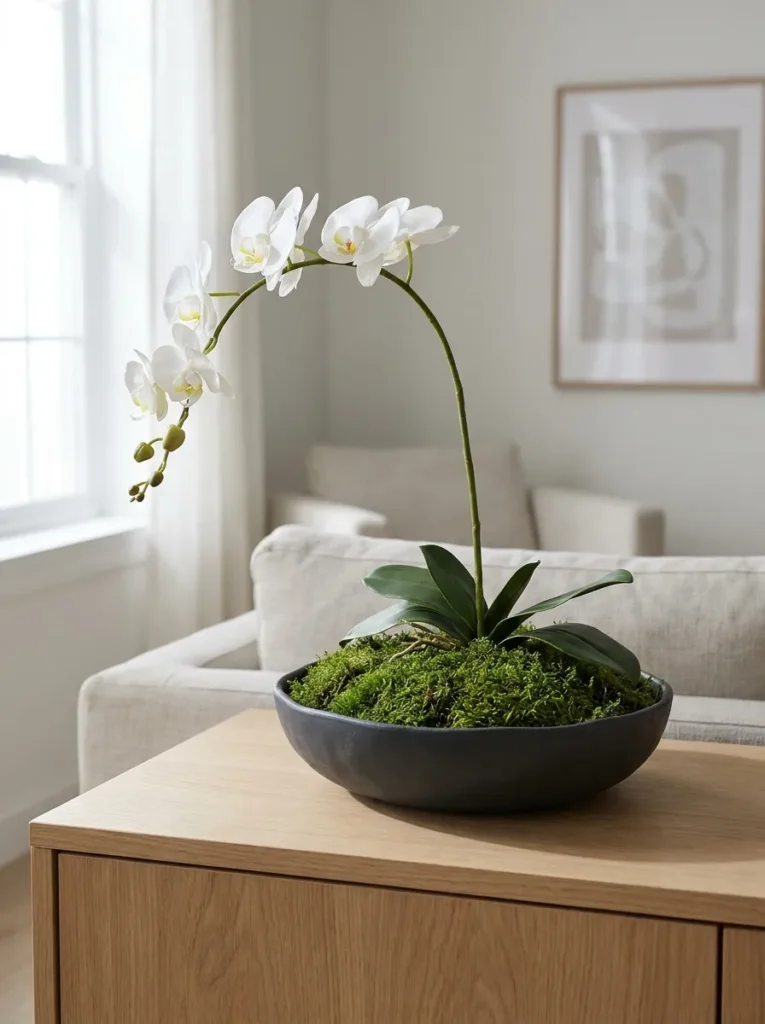 Single arching white faux orchid stem arranged inside a concrete bowl